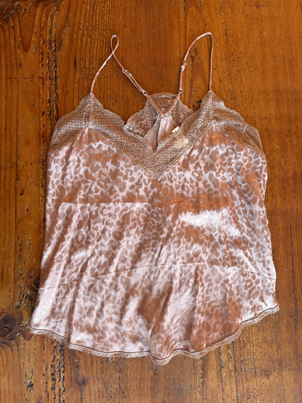 NWT Lovestitch Satin Lace Cami Blouse Animal Print Size Small Racerback Brown